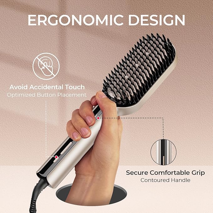 TYMO Hair Straightener Brush - Upgraded Ionic Plus Straightening Brush with Dense Bristles 16 Temps Dual Voltage | Ceramic Hot Comb for Women | Flat Iron for Thick Curly Hair Gold