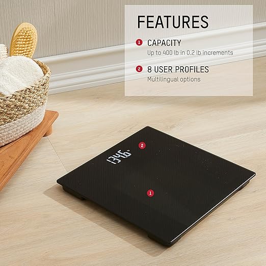 Taylor Digital Bathroom Scale - Smart Scale with Precision Hub App 400 lb Capacity 11 x 11 Durable Glass Platform 0.2 lb Increments Weight Tracking BMI BMR and Multilingual Black