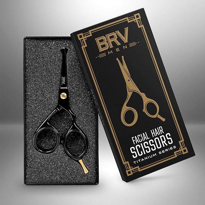 BRV MEN Facial Scissors and Beard Brush Kit | 4.2 High Carbon Stainless Steel Trim Scissors &amp First-Cut Boar Hair Brush