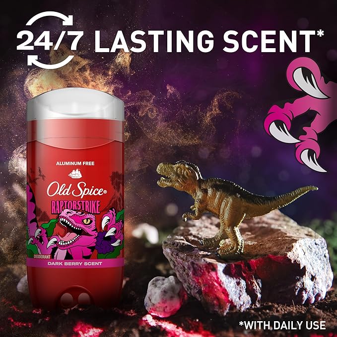 Old Spice Aluminum Free Deodorant for Men 24/7 Odor Protection 24/7 Freshness &amp Lasting Scent Goes on Clear Raptorstrike with Dark Berry Scent 3.0 oz (Pack of 3)