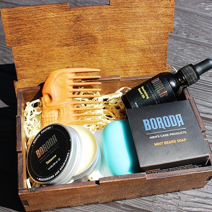 Personalized Beard Care Gift Set for Men Custom Grooming Kit with Beard Oil Balm Comb Perfect Gift for Him Beard Growth &amp Maintenance Beard Grooming Essentials Skull (Pear)
