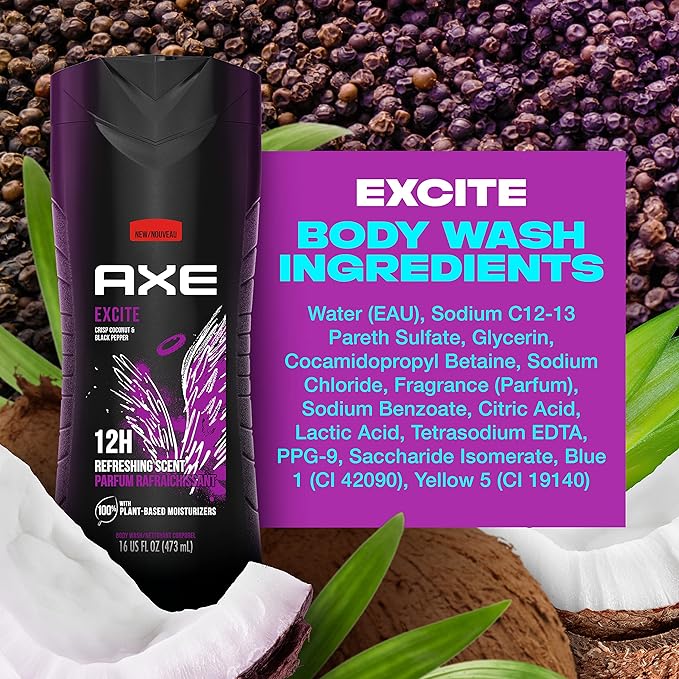 AXE Body Wash 4 Count 12h Refreshing Scent Excite Crisp Coconut &amp Black Pepper Men's Body Wash with 100% Plant-Based Moisturizers 16 oz