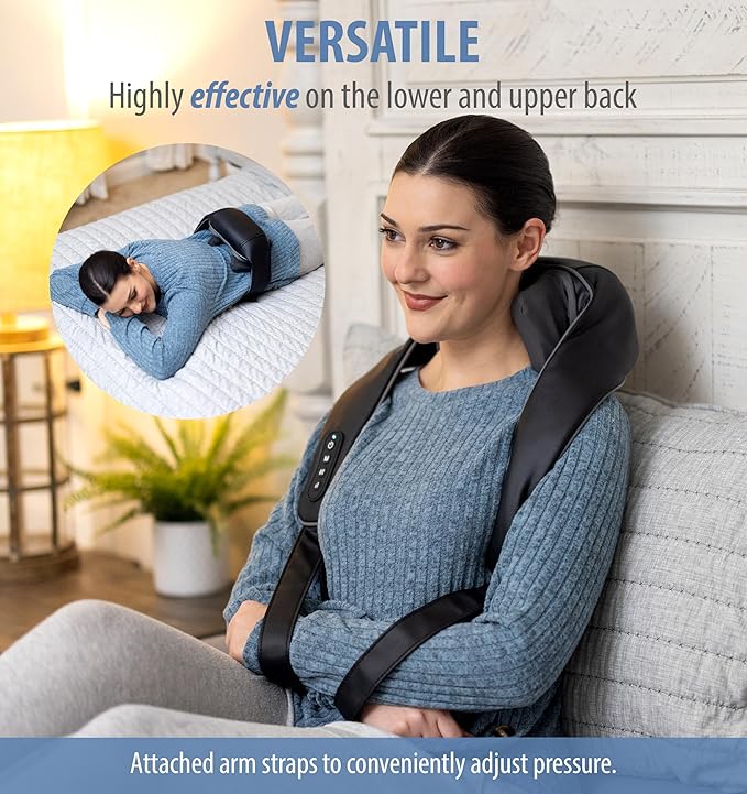 Zyllion Cordless Neck and Shoulder Massager with Heat - 4D Rechargeable Electric Shiatsu Kneading Deep Tissue Massage for Back and Muscle Pain Relief Black ZMA-36