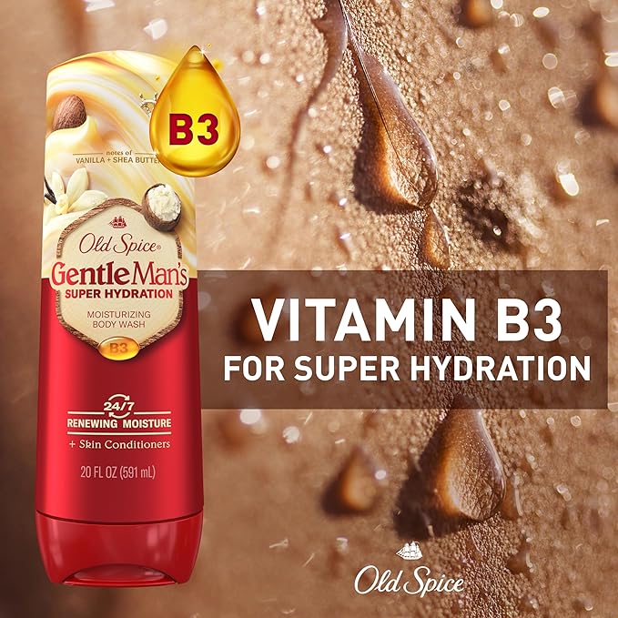 Old Spice Body Wash GentleMan’s Super Hydration for Men 24/7 Renewing Moisture Gentle on Skin with Skin Conditioners Vanilla + Shea Butter Scent 20 oz (Pack of 4)