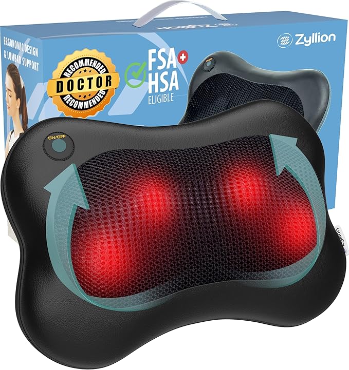 Zyllion Shiatsu Back and Neck Massager with Heat - 3D Electric Kneading Deep Tissue Massage Pillow for Muscle Pain Relief Black ZMA-13