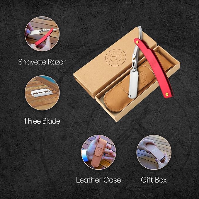 Best Shavette Straight Razor - Replaceable Blade Straight Razor Metal Handle Shavette No Stropping or Honing Needed Great For Beginners Starter Blade Hygienic Close Shave Leather Case