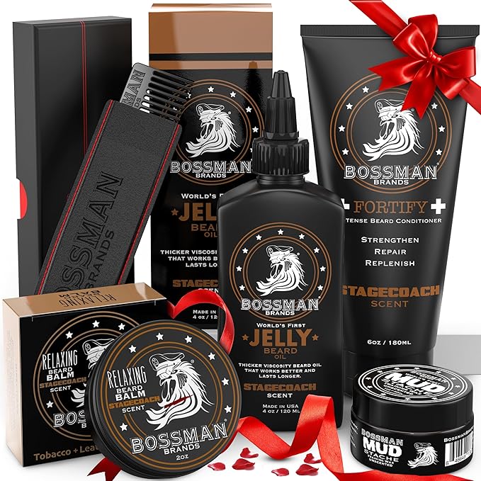 Bossman Complete Beard Kit – Men's Beard Oil Jelly Fortifying Shower Conditioner Balm Mustache Wax &amp Comb – Beard Softener &amp Grooming Care – Men Gift Set (Stagecoach Scented)
