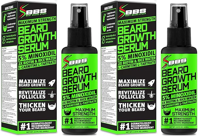 Minoxidil for Beard Growth – 5% Serum with 2X Biotin &amp Rice Water Promotes Thicker Fuller Facial Hair Ideal for Patchy Areas Revitalizes Follicles (Pack of 2)