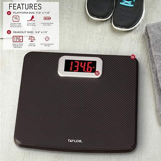 Taylor Digital Bathroom Scale Body Weight Scale 400 LB Capacity Carbon Fiber Anti-Slip Mat 11.8 x 11.8 Inch Platform Black