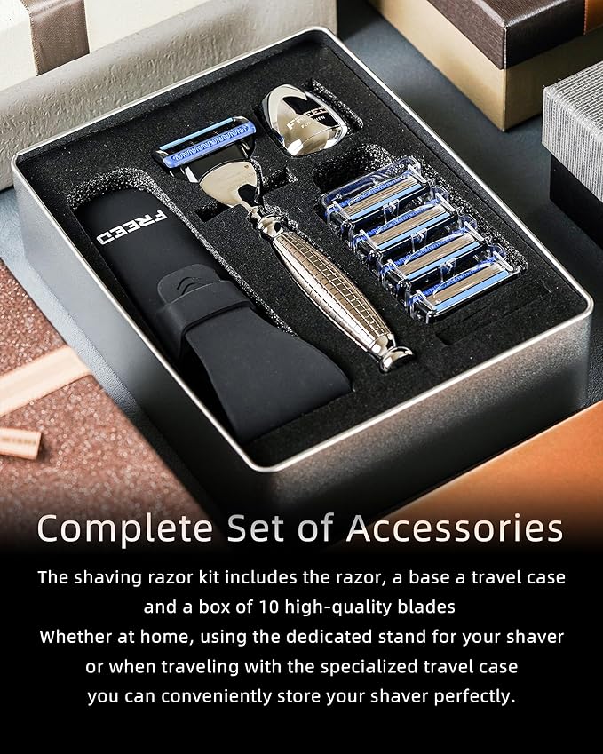 FREED Customized gifts Engraving Shaving Kit - Safety Razor with metal handle include razor base razor travel case and 5 Razor Blade Refillsit's the best gift for men (Metal mesh)