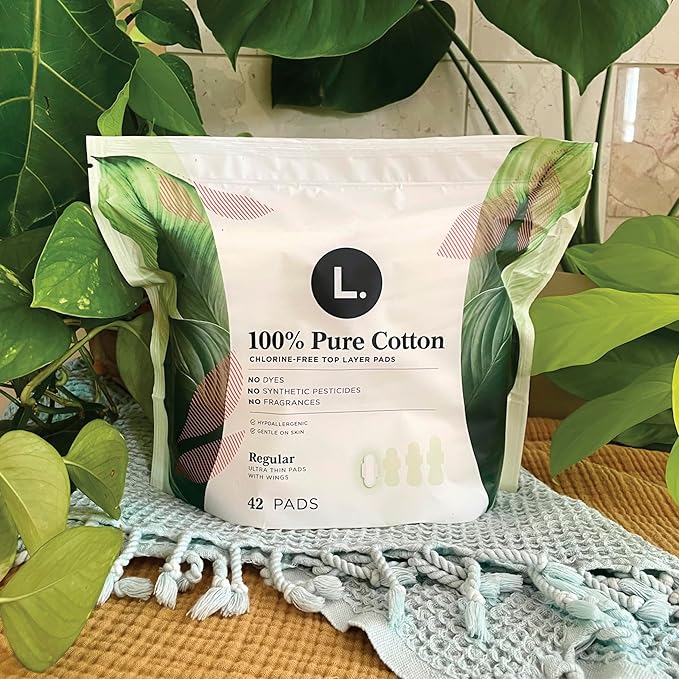 L. Ultra Thin Pads for Women Overnight Absorbency Organic Cotton Top Layer Unscented Pads with Wings 96 Count (4 Packs of 24)