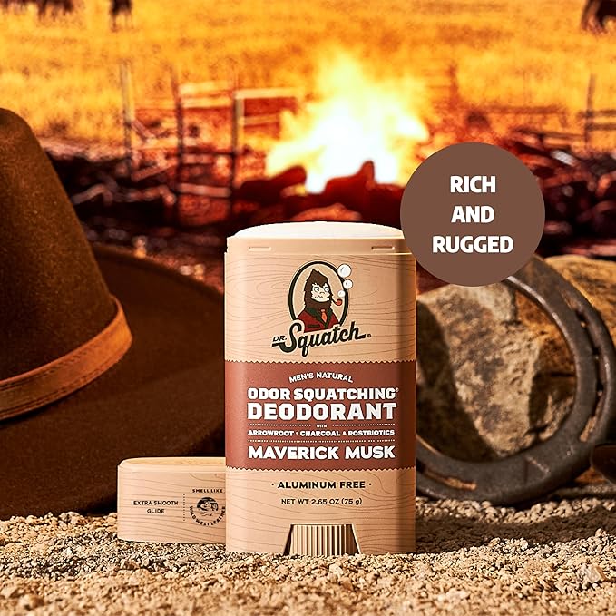 Dr. Squatch Natural Men’s Deodorant – Aluminum Free Natural Deodorant Men with Charcoal &amp Postbiotics for 72-Hour Odor Protection – Maverick Musk 2.65oz Stick (3-Pack)