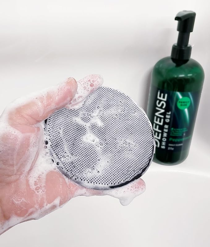 Defense Soap Peppermint Body Wash 32 oz with Tea Tree &amp Eucalyptus Oils + Silicone Body Scrubber &amp Shower Hook | Natural Antifungal Shower Gel &amp Exfoliating Set for Athletes and Active Lif