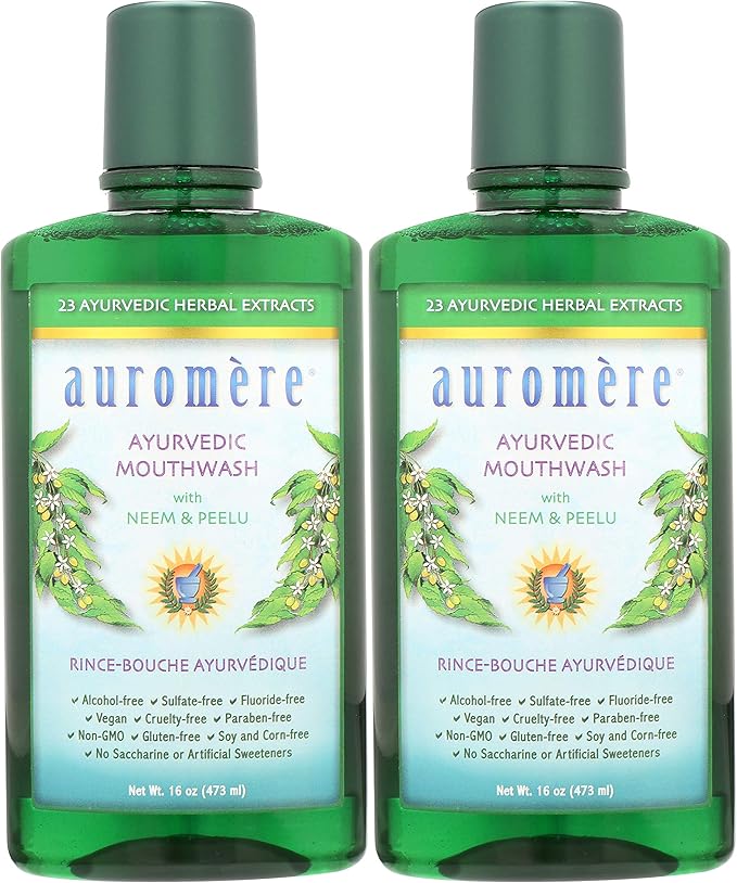 Auromere Ayurvedic Natural Mouthwash for Adults &amp Kids - Alcohol Free Mouthwash for Bad Breath Fluoride Free Neem Oral Rinse Support for Teeth Gums &amp Fresh Breath Vegan Non-GMO- 16 Fl Oz
