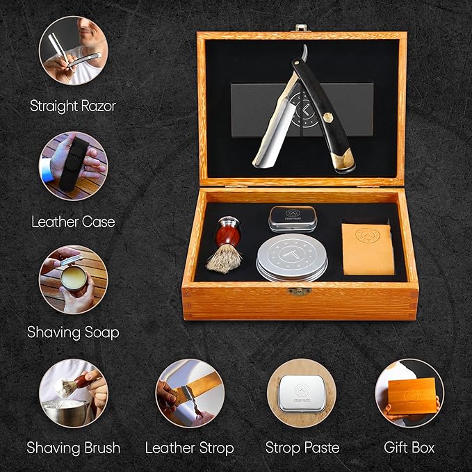 Complete Straight Razor Kit - Straight Razor Shaving Kit for Men with Gold Japanese Stainless Steel Blade Leather Strop Shave Soap Shaving Brush Strop Paste Leather Case Gift Box