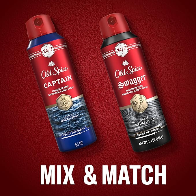 Old Spice Aluminum Free Body Spray for Men 24/7 Signature Scent &amp Lasting Freshness All-Day Odor Protection Easy Application Captain with Bergamot Sea Air &amp Driftwood Scent 5.1 oz (Pack