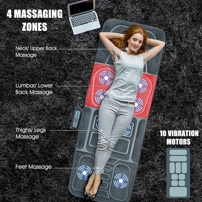 ERGOMASTER Massage Mat with 10 Vibrating Motors Heating Pad Full Body Massager Pad Cushion for Relieving Neck Back Waist Legs (Massager mat-fi01)