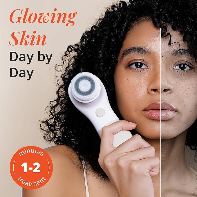 Vanity Planet Raedia Facial Cleansing Brush - Electric Facial Cleansing Brush with 4 Exfoliating Brush Heads - Waterproof Handheld Lightweight for Face Scrubber and Exfoliating Face - Warm Grey