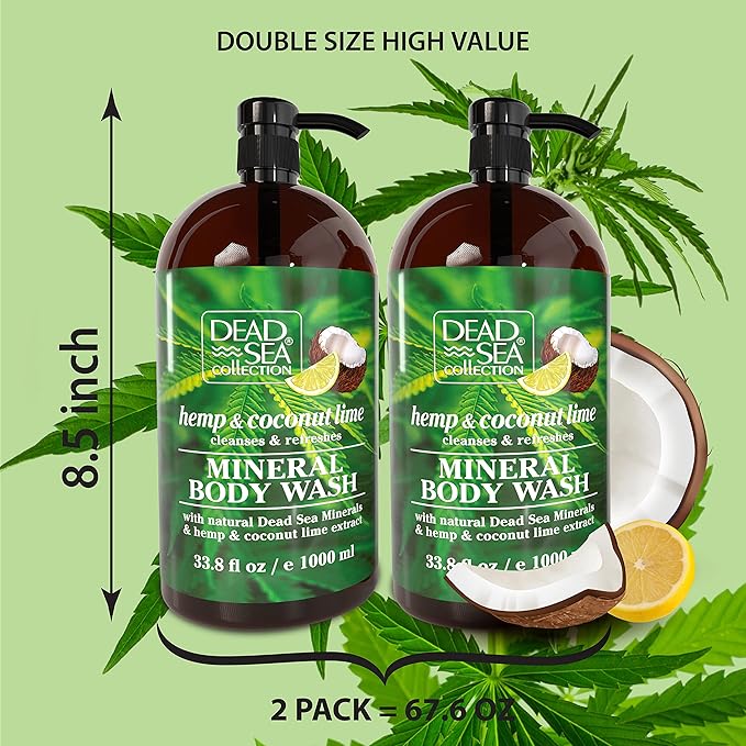 Dead Sea Collection Hemp &amp Coconut Lime Body Wash for Women and Men – with Pure Dead Sea Minerals - Cleanses and Moisturizes Skin - Pack of 2 (67.6 fl. oz)