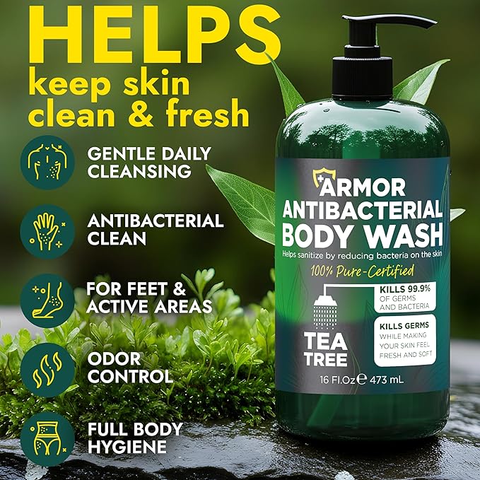 Antibacterial Body Wash with Tea Tree Oil | Antibacterial Soap for Men &amp Women | Kills 99.9% of Germs &amp Bacteria | Helps with Back Acne Body Odor &amp Skin Irritation | Daily Body Cleanser 1