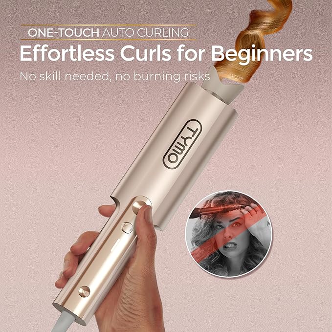 TYMO CurlPro Plus Automatic Rotating Curling Iron - Upgraded Long Barrel Curling Wand for Long Hair Ceramic Hair Curler for Women Anti-Scald Tangle-Free 600M Ionic Dual Voltage Gold 1 1/4 Inch