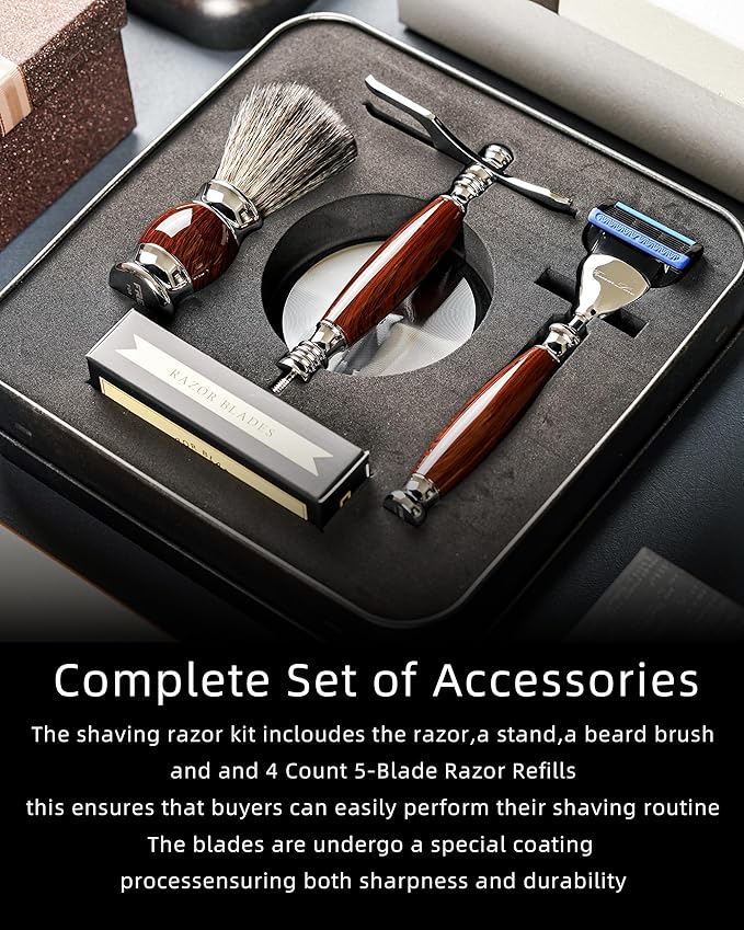 FREED Customized gifts Engraving Luxury Men's 5-Blade Razor set Aluminum Alloy Material incloud 4 Bladesrazor standrazor brushIt's the best gift for men (Purple-Brown)