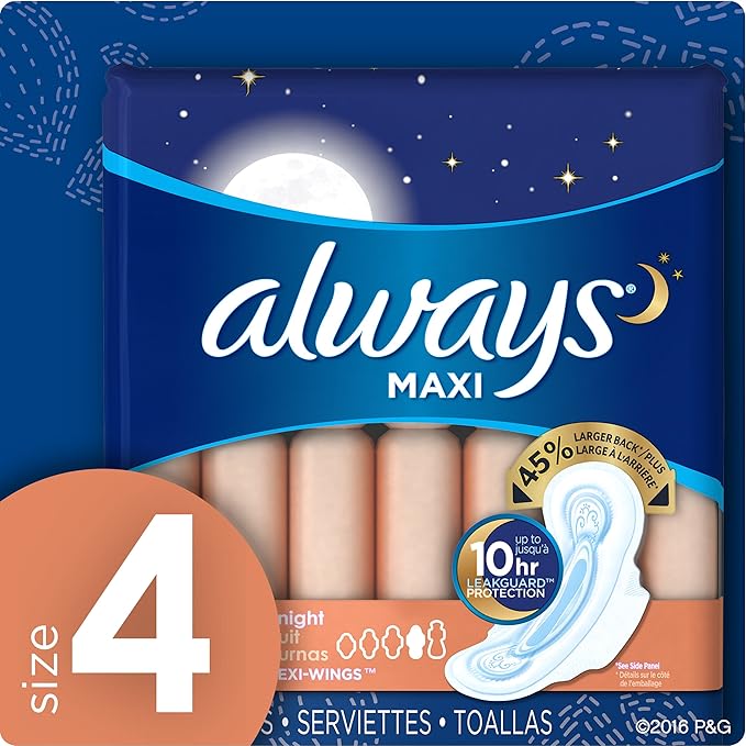 Always Maxi Size 4 Overnight Pads for Women with WingsUnscented 14 Count - Pack of 4 (56 Count Total)