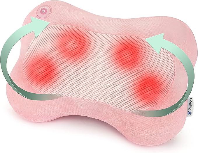 Zyllion Shiatsu Back and Neck Massager with Heat - 3D Electric Kneading Deep Tissue Massage Pillow for Muscle Pain Relief Pink ZMA-13