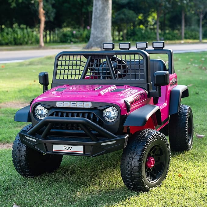 12V 7AH 4WD Kids Ride-On Truck Electric Off-Road Car with Remote &amp Pedal Control LED Lights Music USB Safety Belt 4-Wheel Suspension Adjustable Speeds Outdoor Gift for Boys Girls Magenta
