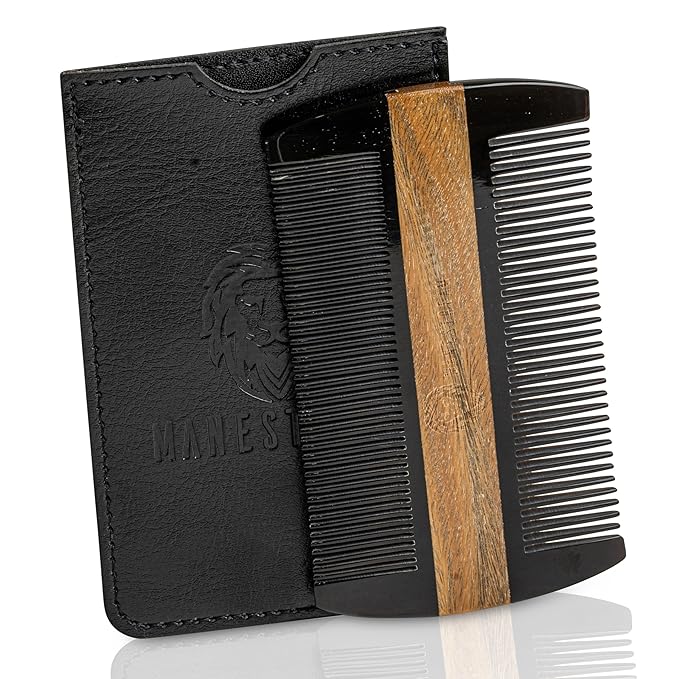 Premium Natural Ox horn and Sandalwood Beard Comb Dual-Action | Double Sided Beard &amp Mustache Comb with Black Protective Case | Perfect Grooming Companion &amp Gift for Men – by Man &amp Mane