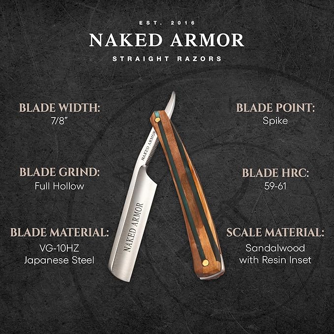 Naked Armor Lac Straight Razor - Shave Ready 7/8 Spike Nose Japanese Steel Straight Razors for Men with Sandalwood Scale Case Included Close Shave