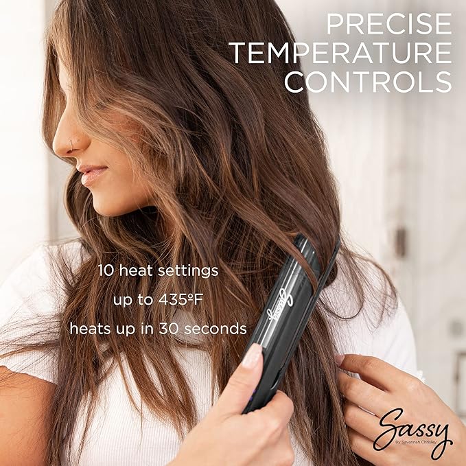 Sassy 1” Titanium Flat Iron Adjustable Heat Hair Straightener with Ion Generator Liquid Crystal Display with 10 Temperature Settings (Black)