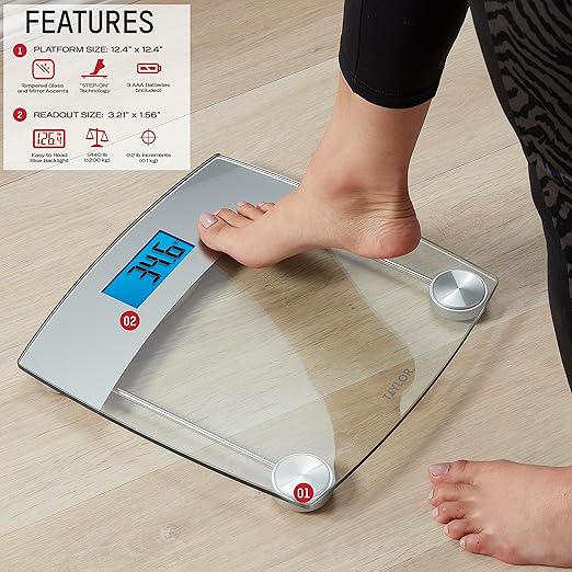 Taylor Digital Scales for Body Weight Extra High 440 LB Capacity Unique Blue LCD Stainless Steel Accents Glass Platform 12.4 x 12.4 Inches Clear