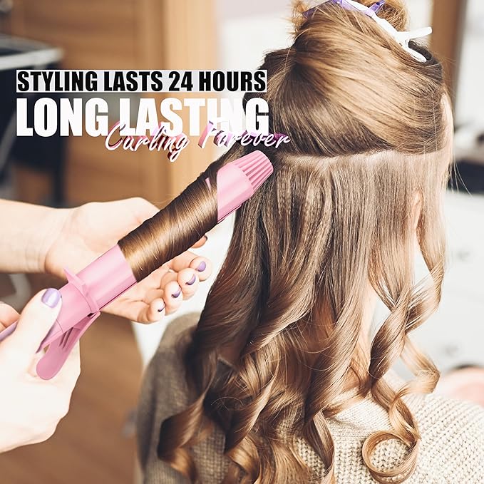 FARERY Long Barrel Curling Iron 1 1/4 inch 1.25 Inch Curling Iron for Thin Hair Infused Argan Oil &amp Keratin 11 Adjustable Temp Include Clips &amp Silicone Pad Pink