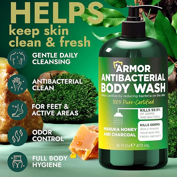 Antibacterial Body Wash | Antibacterial Soap for Men &amp Women | Kills 99.9% of Germs &amp Bacteria | Helps with Back Acne Body Odor &amp Skin Irritation | Manuka Honey &amp Charcoal 16 fl oz