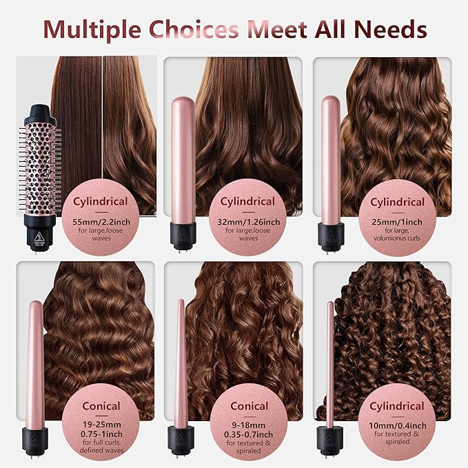 Curling Iron 6 in 1 Hair Curling Wand Set with Curling Brush Instant Heat Up Beach Waver Long Hair Curlers Iron 6 Interchangeable Ceramic Barrel 0.35-1.25 Inch Short Hair Crimper for Women