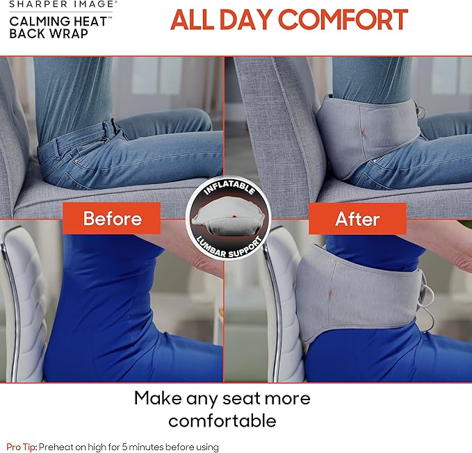 Calming Heat Back Wrap by Sharper Image with Power Pack | Cordless Electric Inflatable Heating Pad Auto Shut-Off Gift for Holidays Women &amp Men | 3 Heat 3 Vibrating Massage &amp 3 Lumbar Setti
