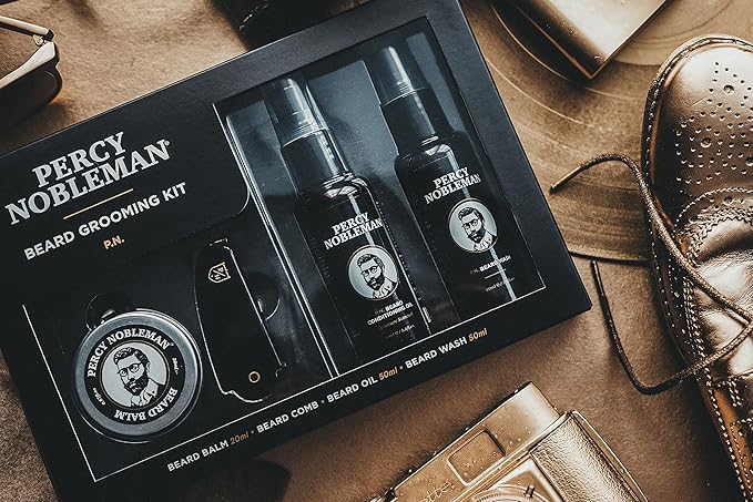 Percy Nobleman Beard Grooming Kit – Gift Set with Signature Scented Beard Oil (1.7 fl oz) Beard Wash (1.7 fl oz) Beard Balm (0.7 fl oz) &amp Beard Comb for Softening Hydration &amp Beard Maintena