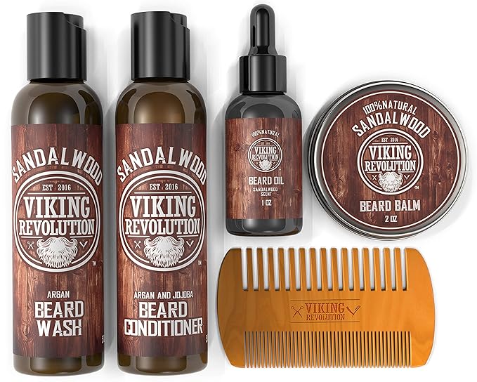 Viking Revolution Ultimate Conditioner for Men's Beard Grooming - Softens Smoothes and Soothes Beard Itch- Contains Wash Conditioner Oil Balm and Comb- Sandalwood Scent