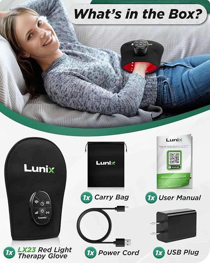 Lunix LX23 Red Light Therapy for Hand 50 Triple Chips LED 850 and 660nm Infrared Therapy for Circulation &amp Joint Support with Vibration Portable Rechargeable Adjustable Intensity