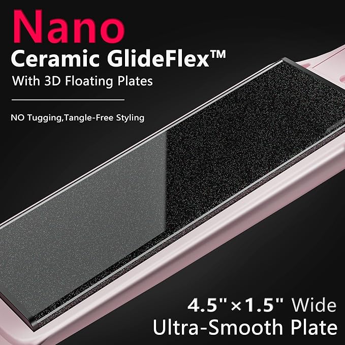 Ceramic Flat Iron Hair Straightener with 3D Floating PlateHair Iron Straightener with 15 Temps for Thick Hair | Ergonomic Silicone Handle | LCD Display | Dual Voltage (Light Pink)