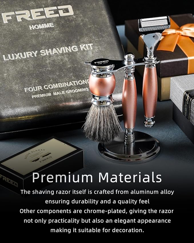 FREED Customized gifts Engraving Luxury Men's 5-Blade Razor set Aluminum Alloy Material incloud 4 Bladesrazor standrazor brushIt's the best gift for men (Champagne gold)