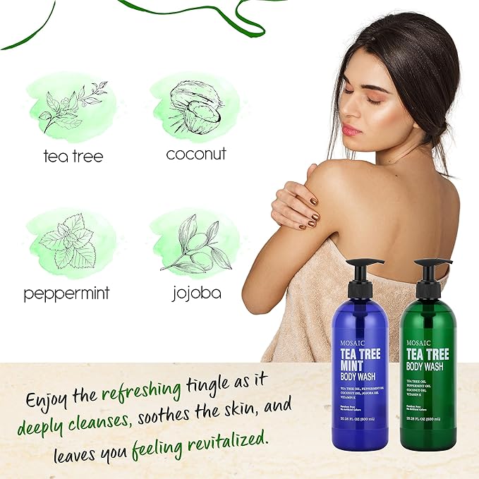 Tea Tree Body Wash with Mint &amp Shower Gel with Vitamin E for Jock Itch Eczema Ringworm Body Odor Body Wash Women &amp Men with Added Body OilsLARGE 20.2 FL Oz Bottle (Tea Tree Mint Pack of