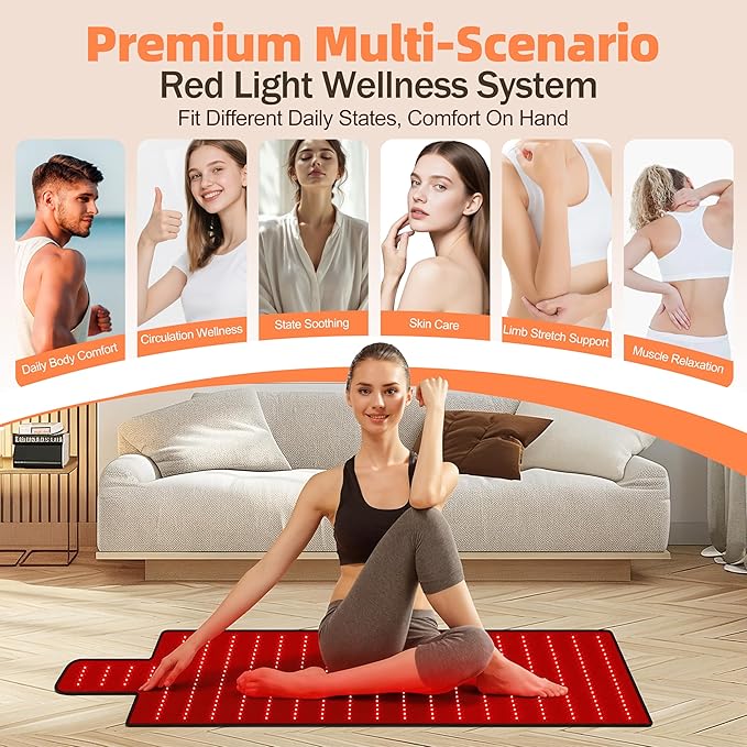 Red Light Therapy Mat for Full Body High-Density LED Infrared Light with 5 Intensity Levels 9 Auto-Shutoff Timer Settings Handheld Controller Gifts for Athletes Office Workers Women Men