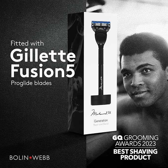 Bolin Webb Generation Razor &amp Stand - Luxury Razors for Men with Gillette Fusion 5 Blades Premium Aluminum Shaving Razor for Smooth Irritation-Free Shave Ideal Gift &amp Daily Grooming Set (Bl