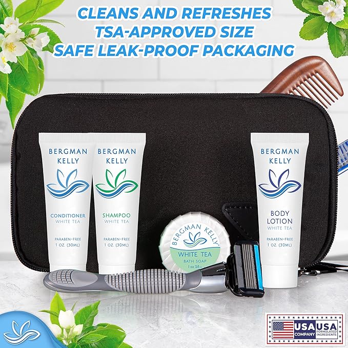 BERGMAN KELLY Travel Size Body Wash (1 fl oz 50 PK White Tea) Delight Your Guests with a Revitalizing and Refreshing Hotel Body Wash Quality Mini and Small Size Guest Hotel Toiletries in Bulk
