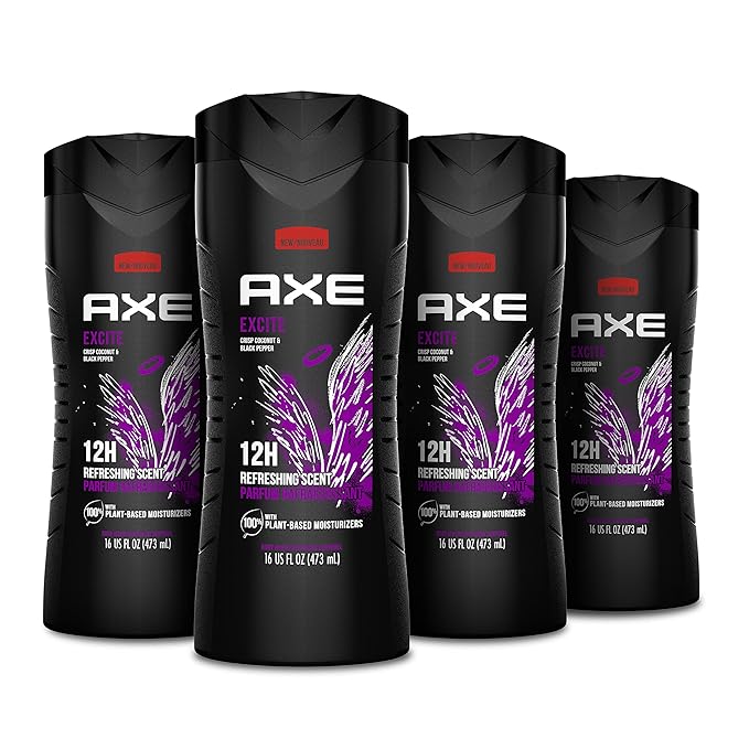 AXE Body Wash 4 Count 12h Refreshing Scent Excite Crisp Coconut &amp Black Pepper Men's Body Wash with 100% Plant-Based Moisturizers 16 oz