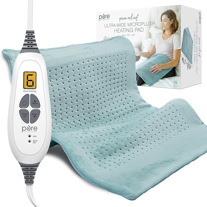 Pure Enrichment PureRelief Ultra-Wide Microplush Heating Pad - 20” x 24” XXL Size &amp 6 Heat Settings for Temporary Neck Shoulder &amp Back Pain Relief - Moist Heat Option &amp Machine Washable (