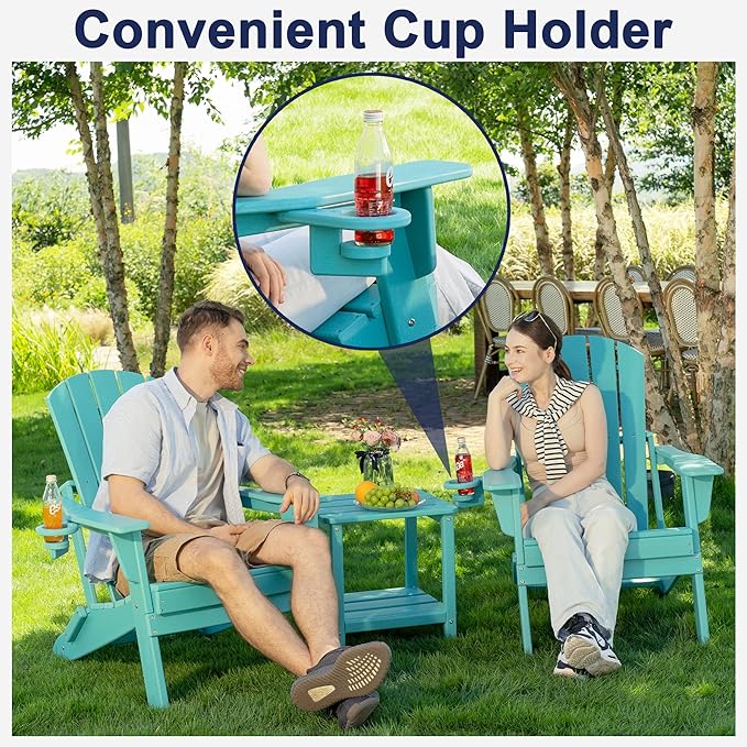 Plawdlik Folding Adirondack Chair Set of 6 with Cup HolderWooden Textured Heavy All-Weather HDPE Comfortable Set Poolside Backyard Lawn Aruba Blue