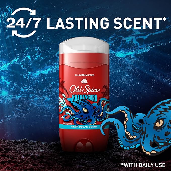 Old Spice Aluminum Free Deodorant for Men 24/7 Odor Protection 24/7 Freshness &amp Lasting Scent Goes on Clear Krakengard with Deep Ocean Scent 3.0 oz (Pack of 3)